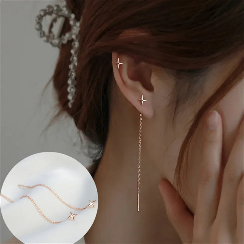 Drop Ear Line Long Hanging Earrings for Women Rose Gold