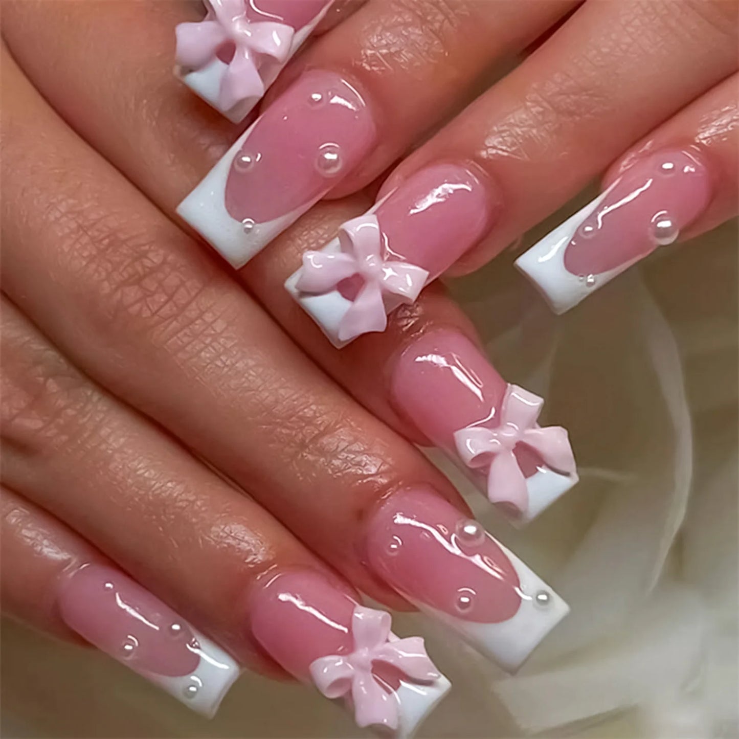 White French Press on Nails 3D Bowknot Fake Nails
