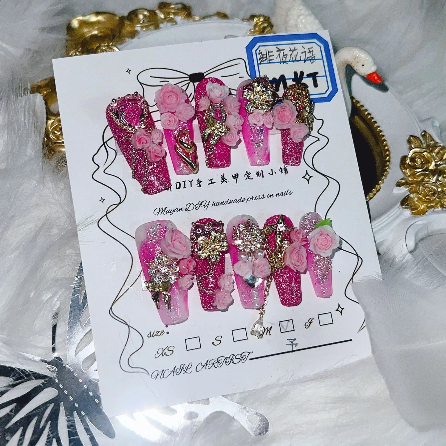 Press On Nails Handmade Pink Ombre 3D Rose Gold