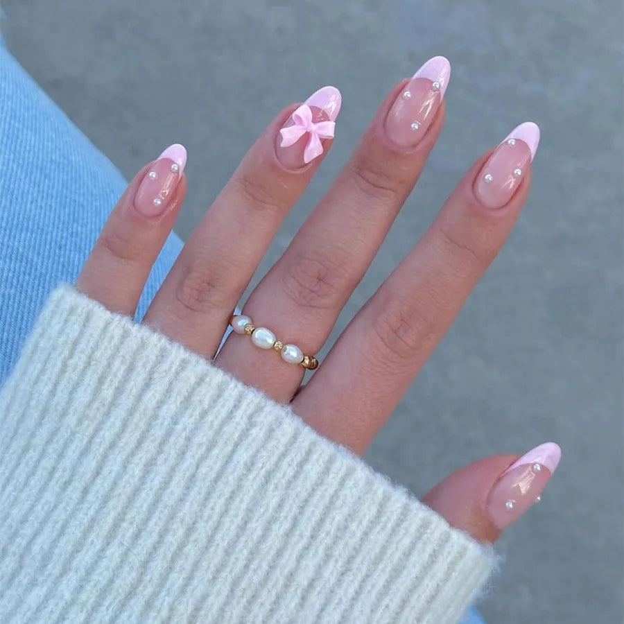 White French Press on Nails 3D Bowknot Fake Nails