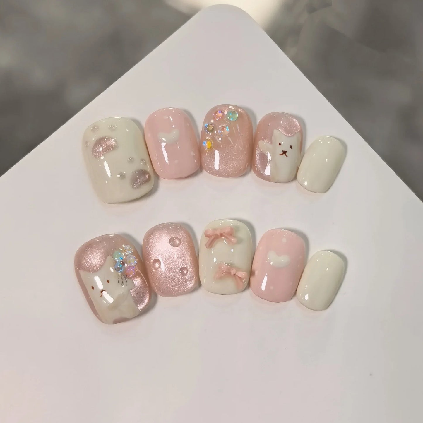 Handmade Press-On Nails Blue Glossy Fish & Bubbles Design