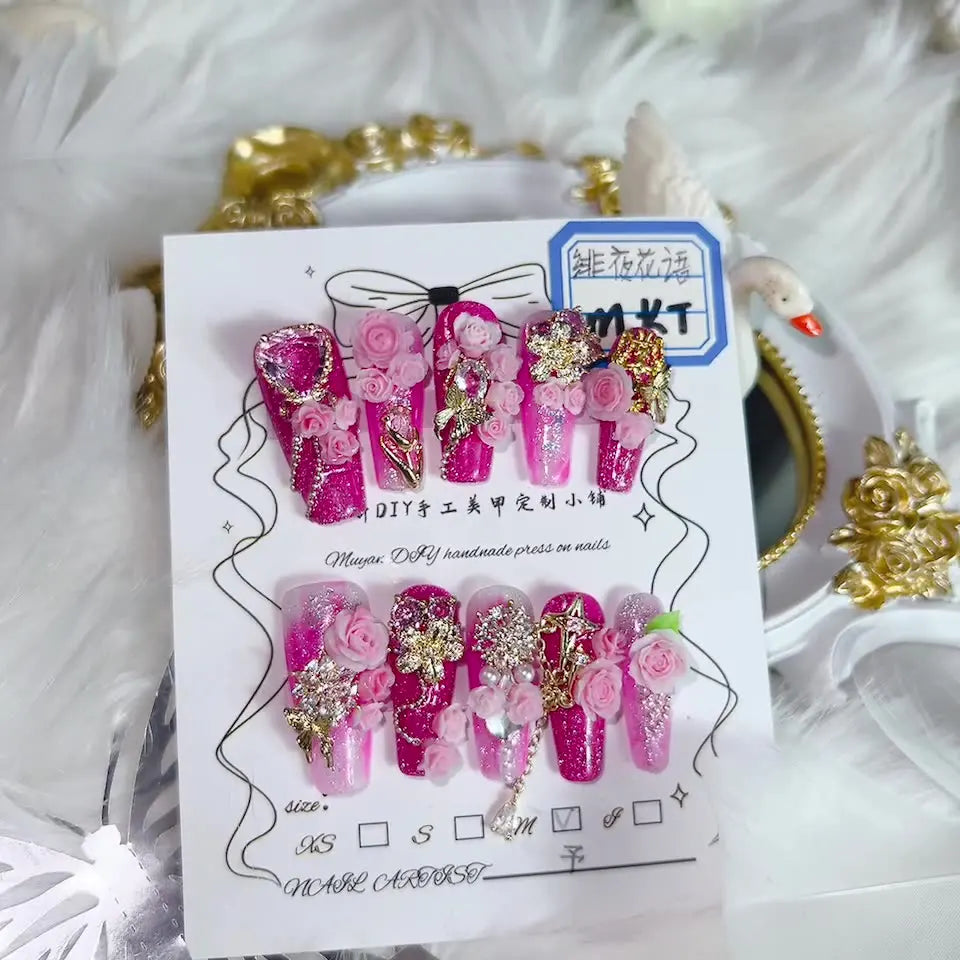 Press On Nails Handmade Pink Ombre 3D Rose Gold