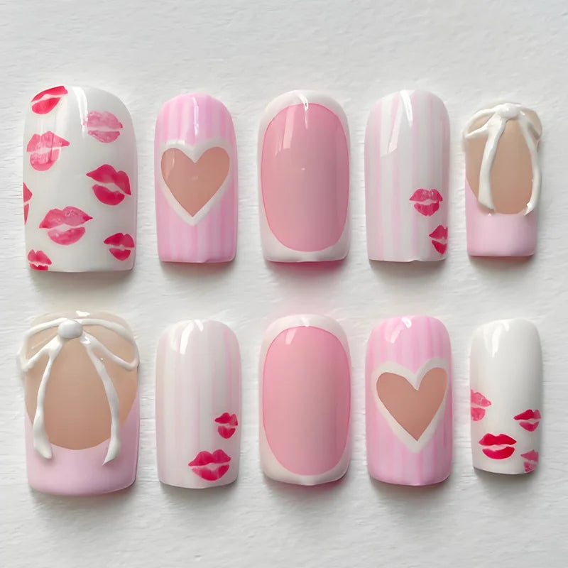 White French Press on Nails 3D Bowknot Fake Nails