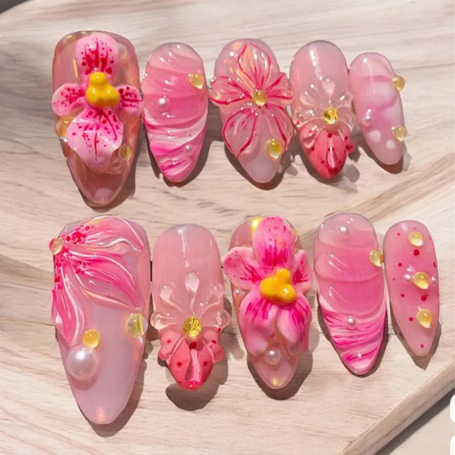Gentle Nude Pink Press on Nails with 3D Flower