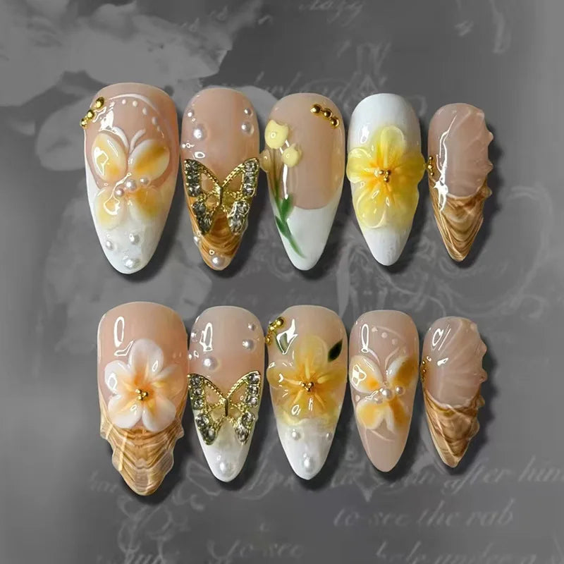 Gentle Nude Pink Press on Nails with 3D Flower