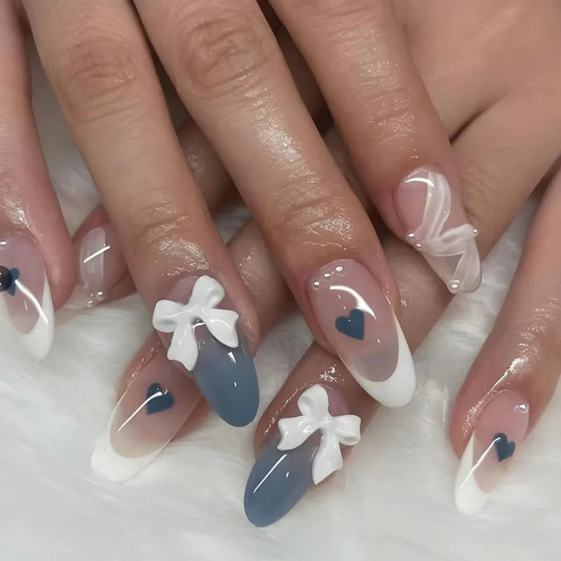 White French Press on Nails 3D Bowknot Fake Nails