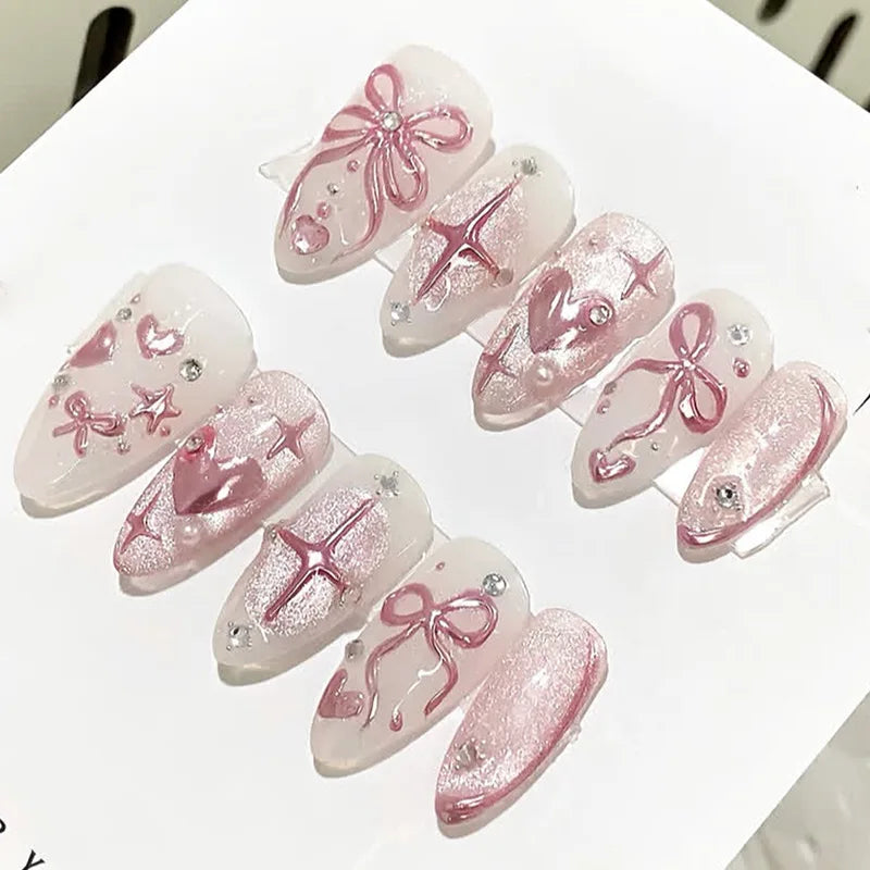 Gentle Nude Pink Press on Nails with 3D Flower