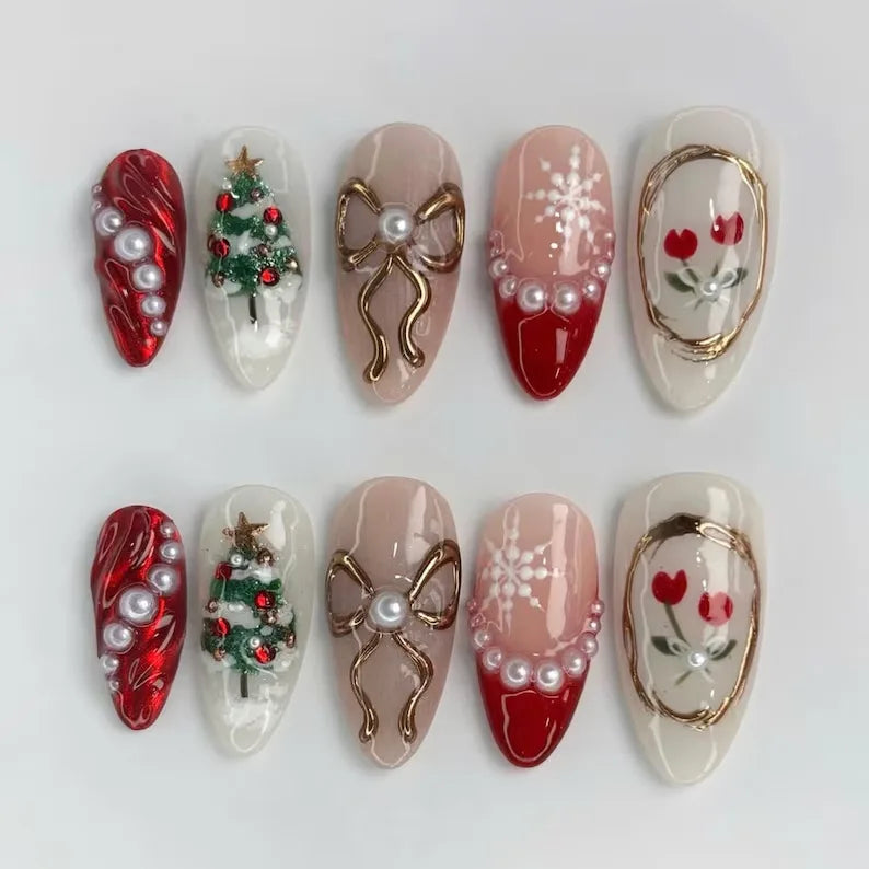 Gentle Nude Pink Press on Nails with 3D Flower