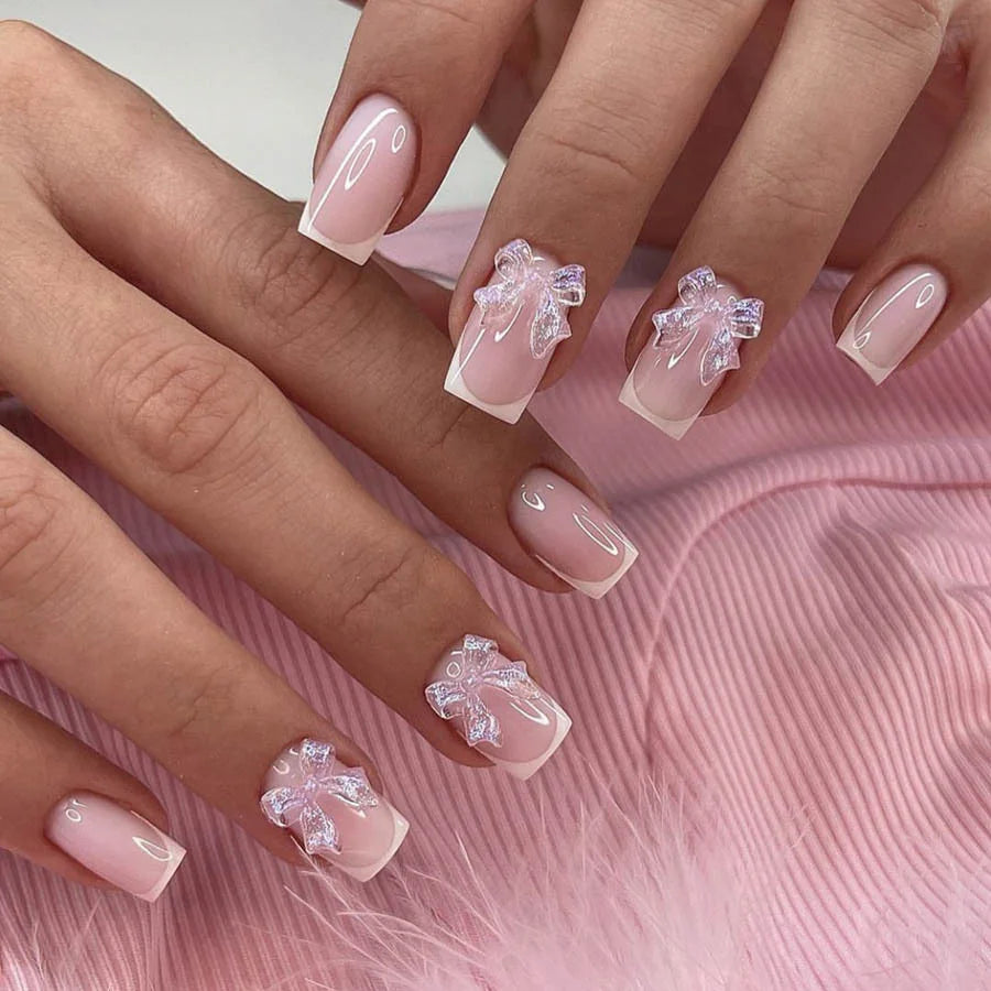 White French Press on Nails 3D Bowknot Fake Nails