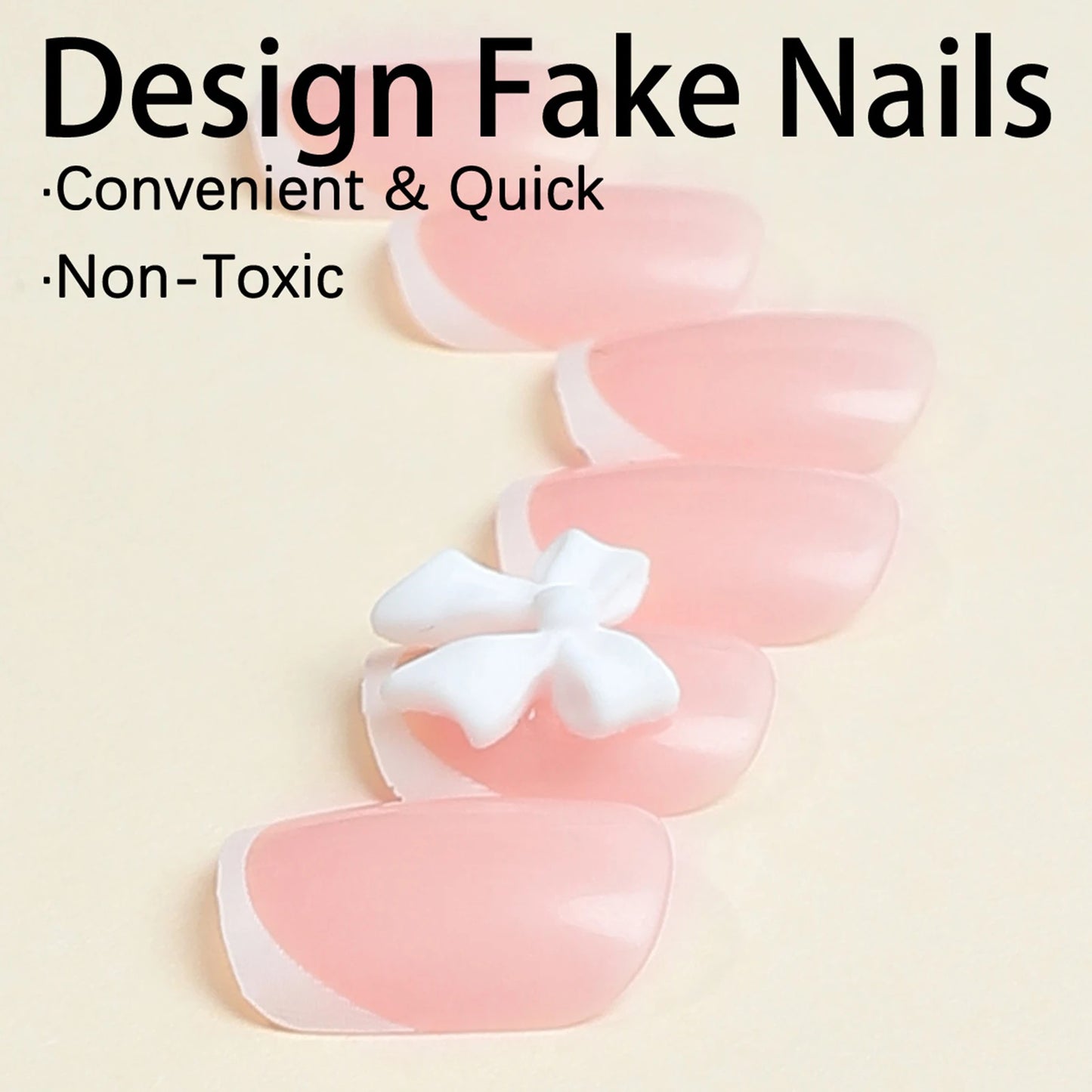White French Press on Nails 3D Bowknot Fake Nails