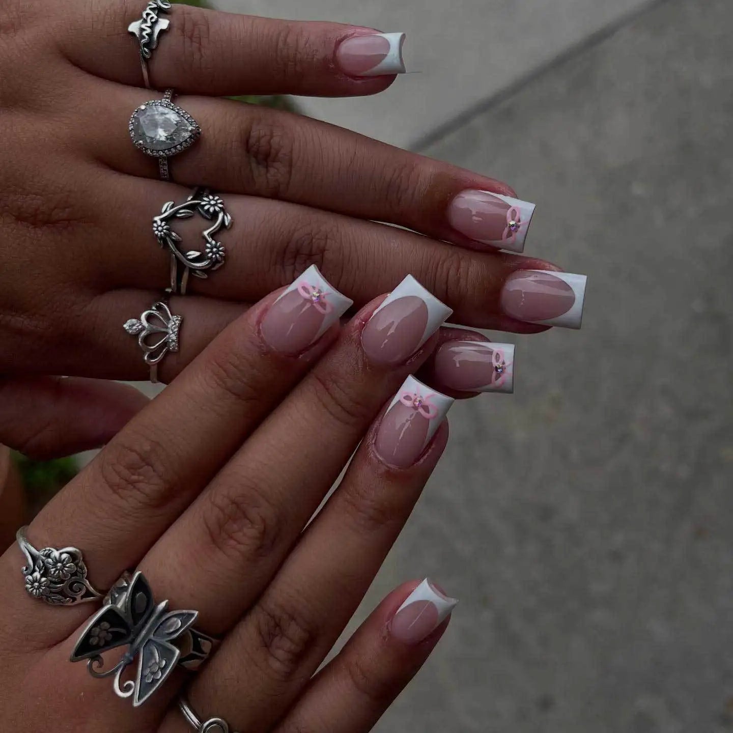 White French Press on Nails 3D Bowknot Fake Nails