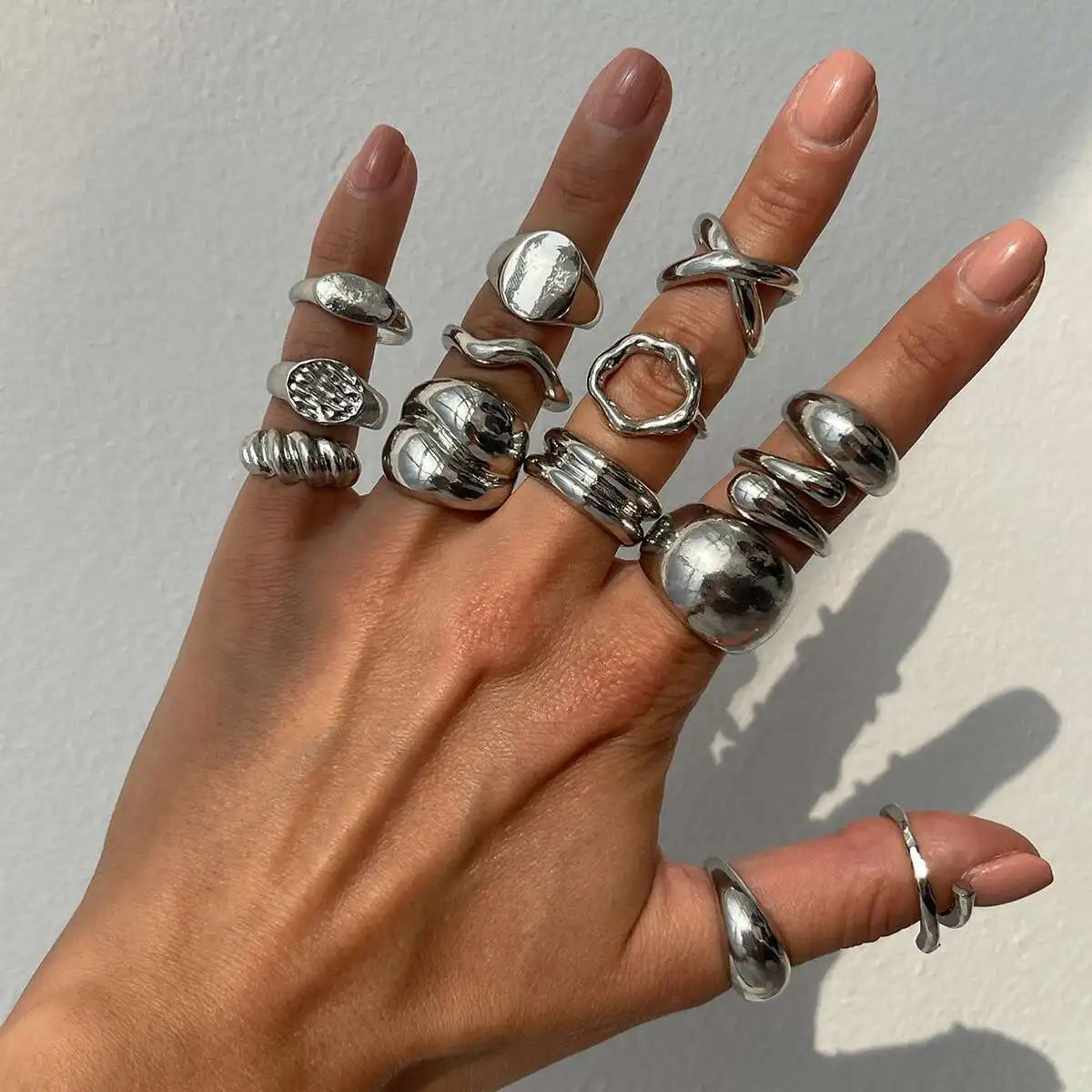 PuRui 14Pcs/Set Retro Silver Color Rings
