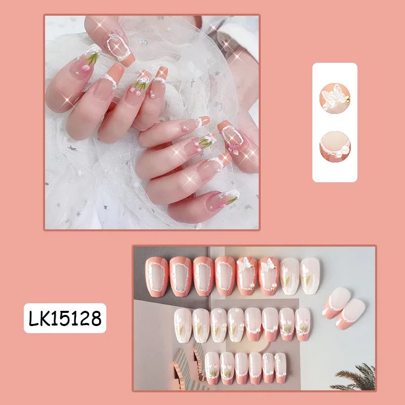 Pink Fake Nails Press on Nail Designs Art Long Tips False Forms with Glue Stick Stickers Reusable Set Acrylic Artificial