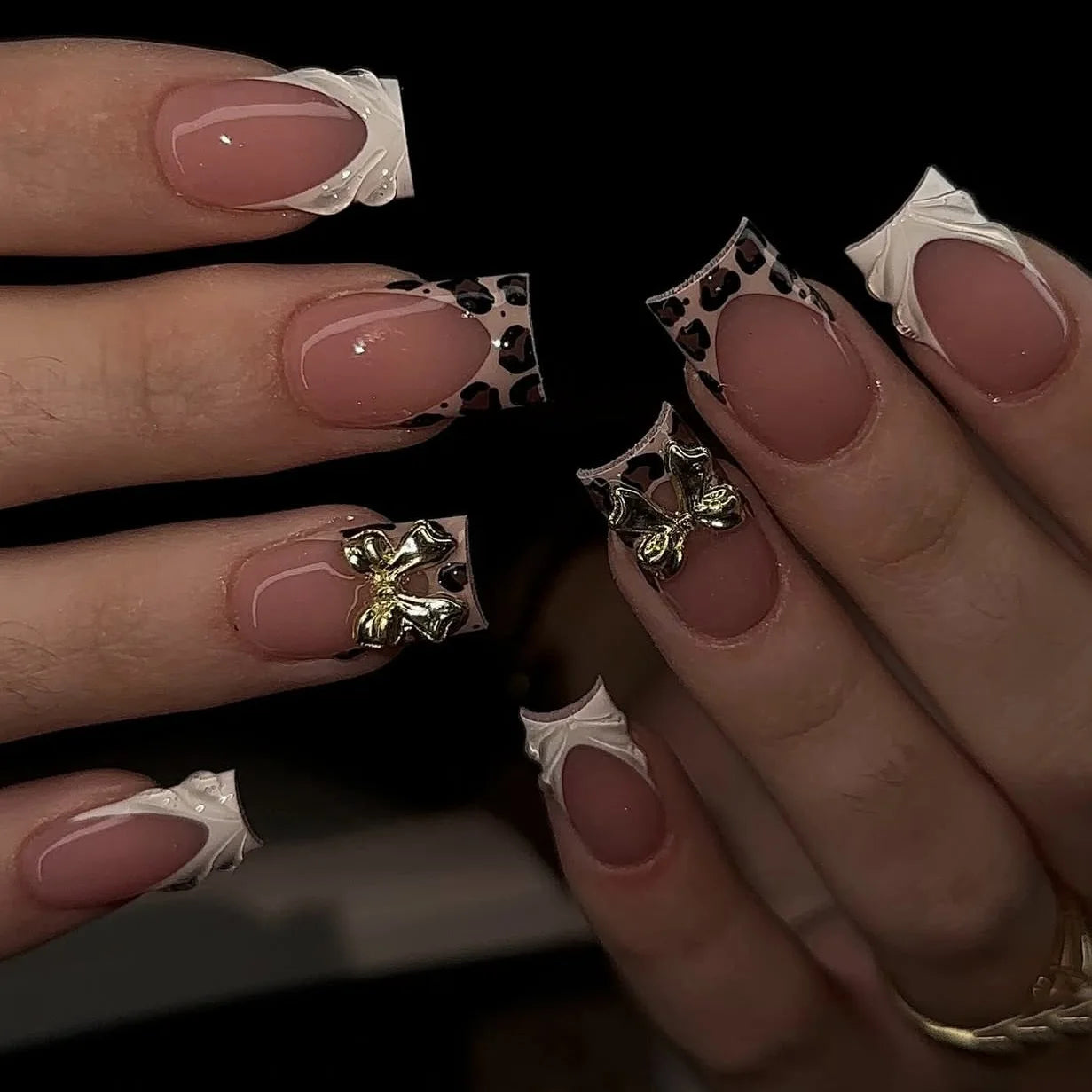 24pcs Press on Nails Short Almond Bowknot Black Press on Nails