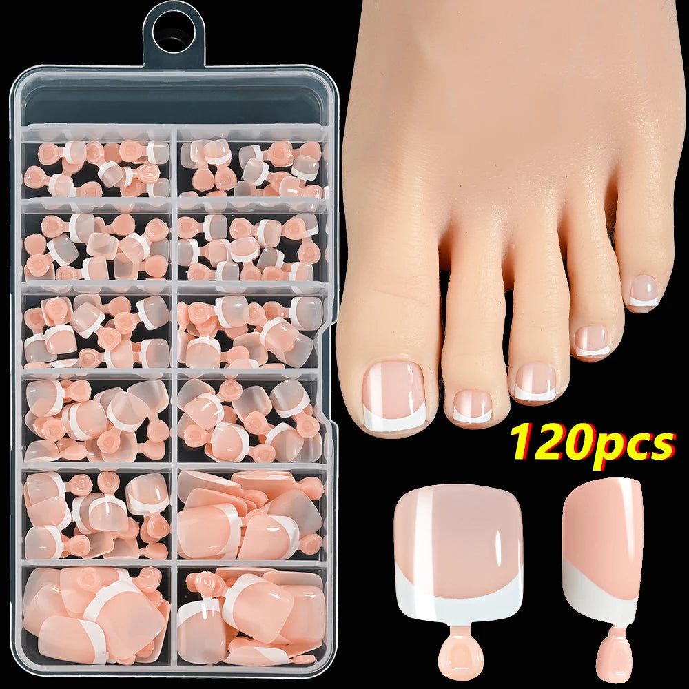 120Pcs Pink French Short Square Fake Nails