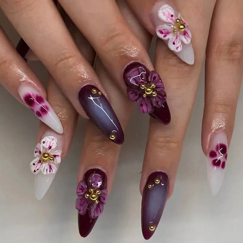 24Pcs Dark Press on Fake Nails with Black Glitter