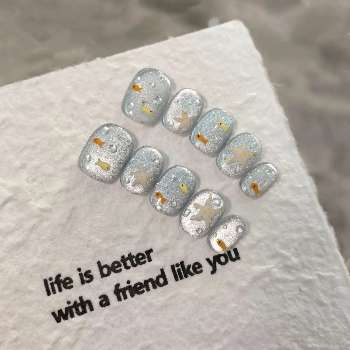 Handmade Press-On Nails Blue Glossy Fish & Bubbles Design