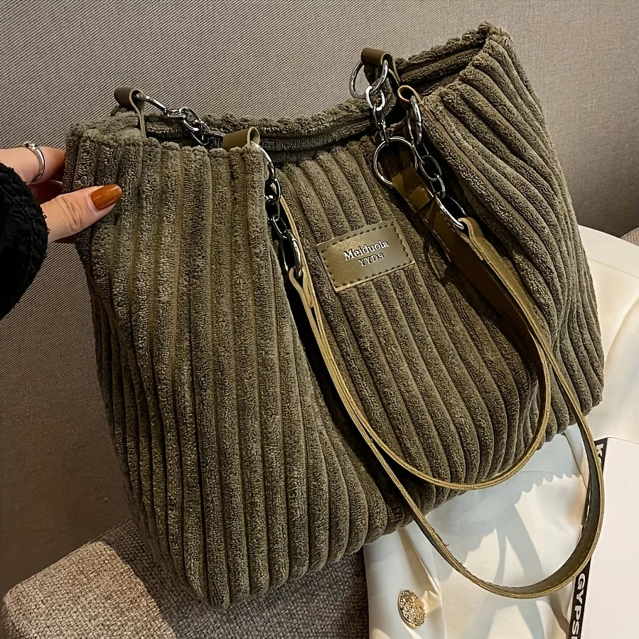 Stylish Corduroy Tote Bag for Women, Large Capacity Plush Shoulder Bag