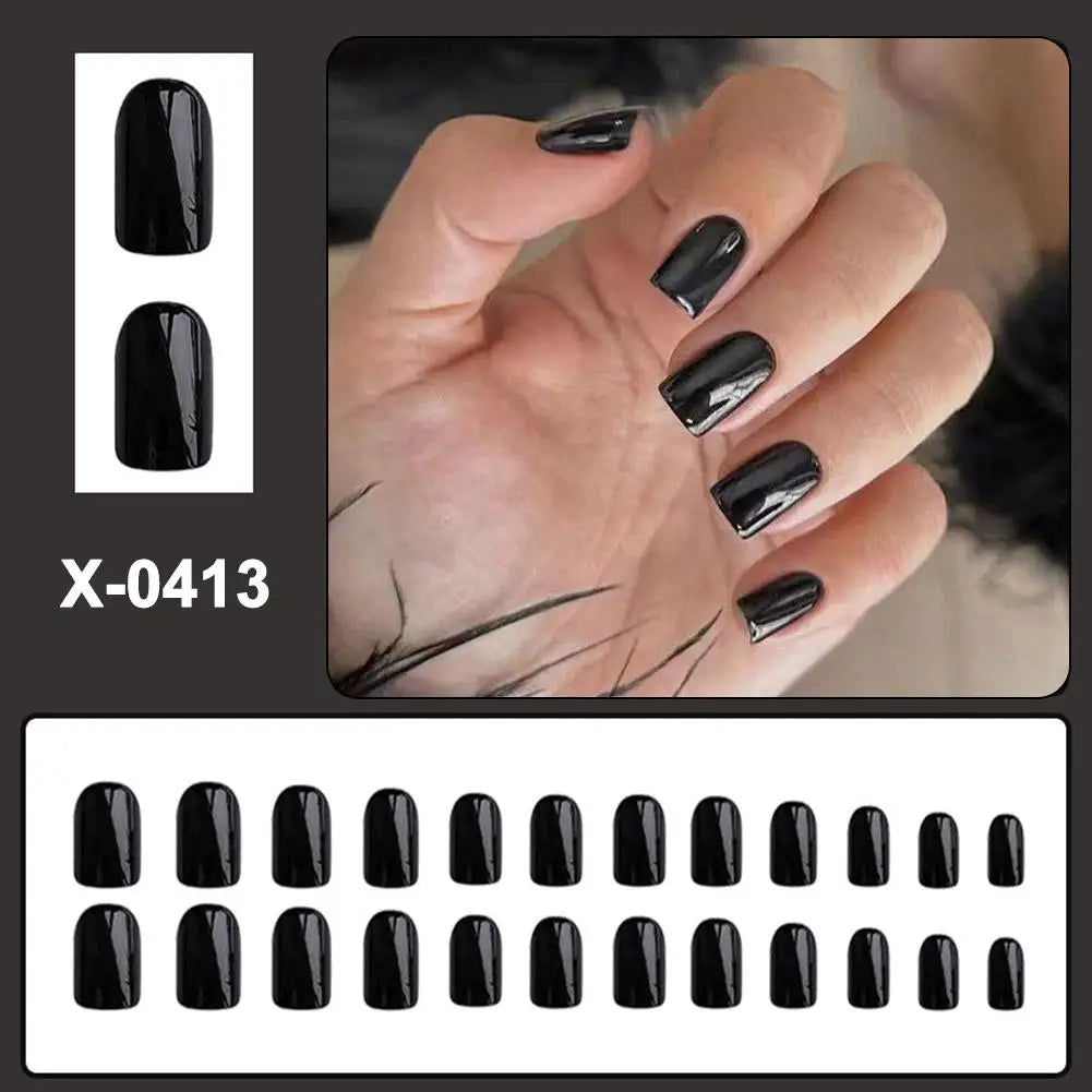 24pcs Black Square Press on Nails Medium Long Fake Nails