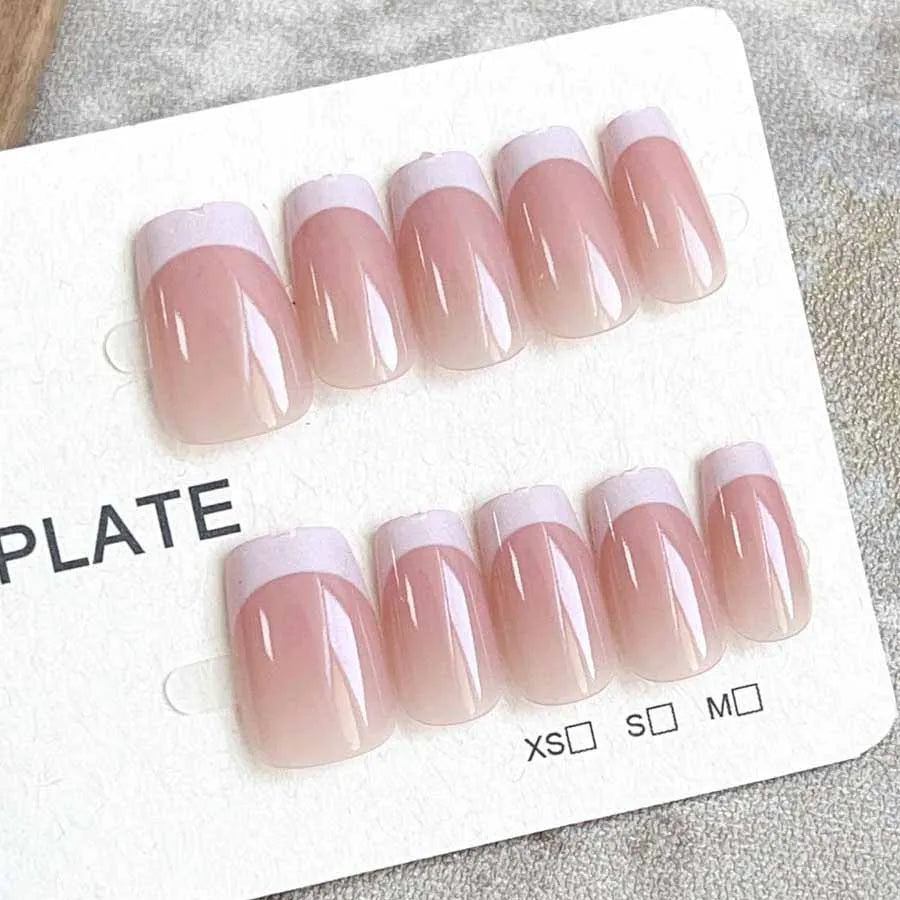 10pcs French White Fake Nails Light Pink Press on NailsFull Cover Short Square Ins Simple False Nails for Women and Girls Wear
