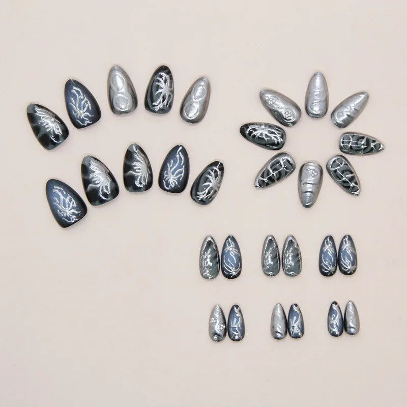 24Pcs Dark Press on Fake Nails with Black Glitter