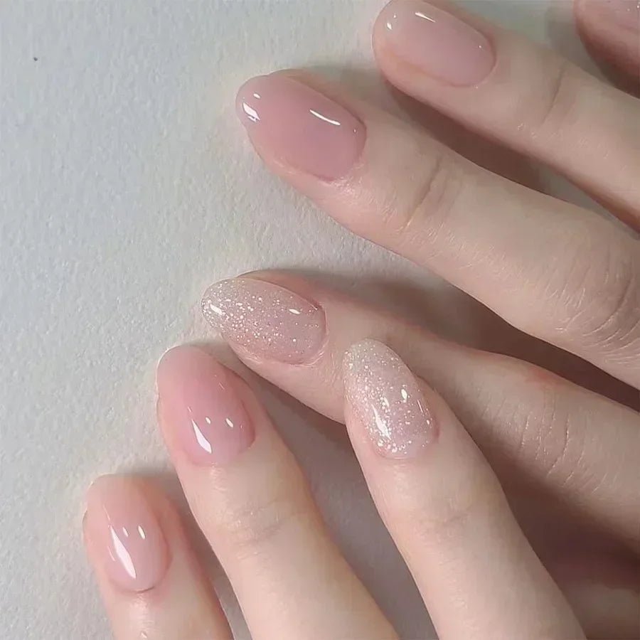 24Pcs Almond Fake Nails with Shimmery Powder
