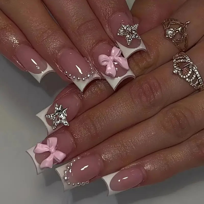 24Pcs Pink French Style Fake Nails 3D Bowknot