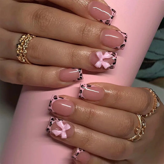 24Pcs Pink French Style Fake Nails 3D Bowknot