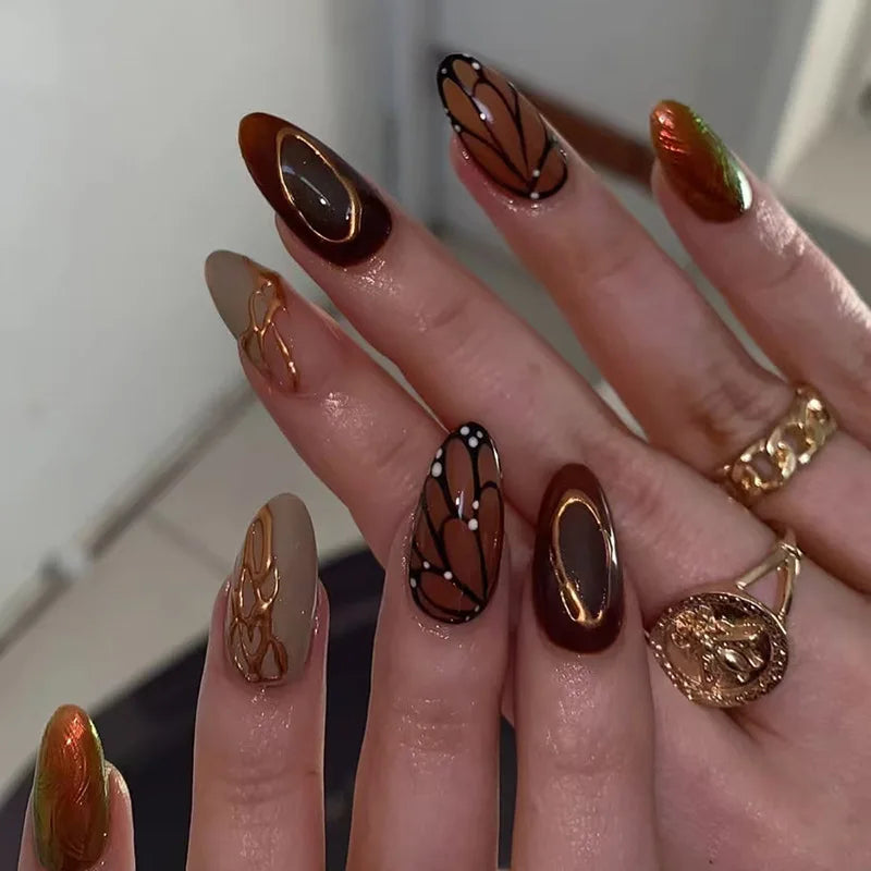 24Pcs Dark Press on Fake Nails with Black Glitter