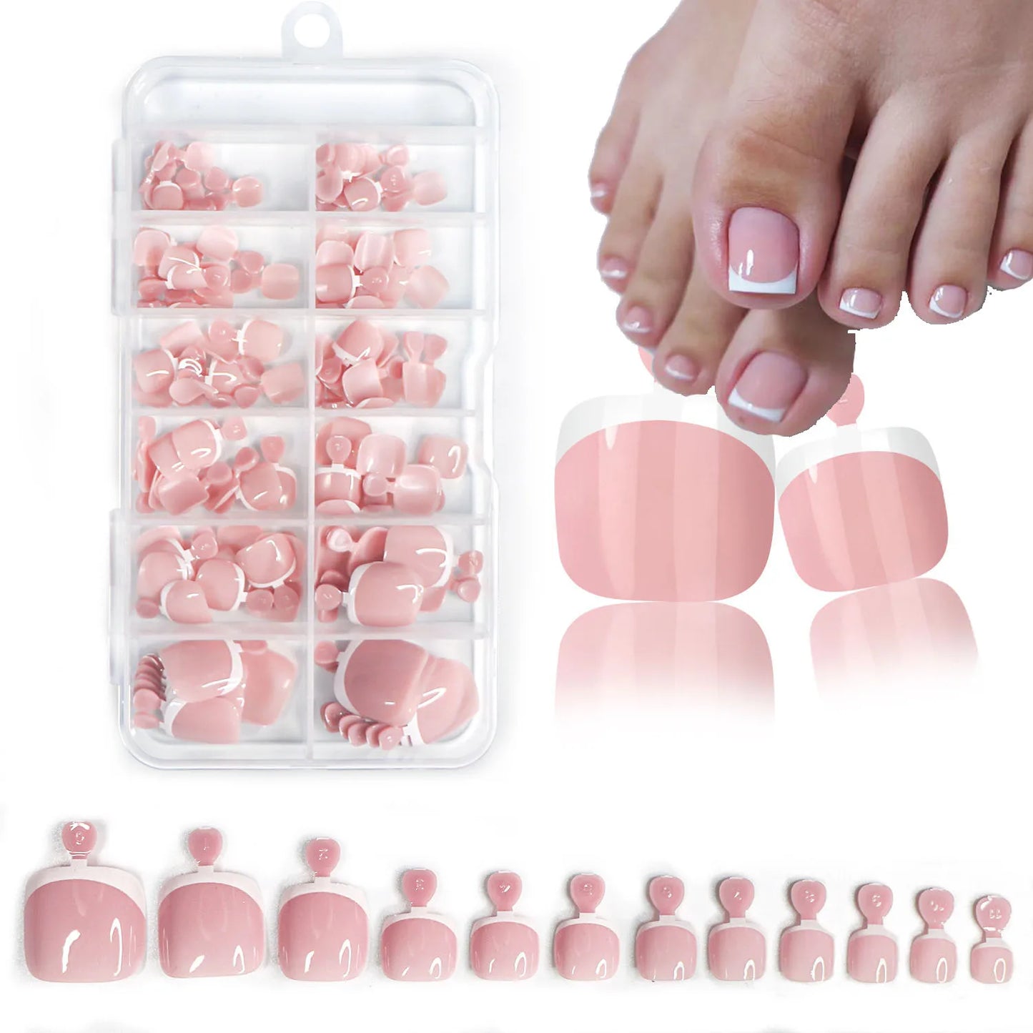 120Pcs Glossy Nude Pink French Press-On-Toenail Set 1*Box