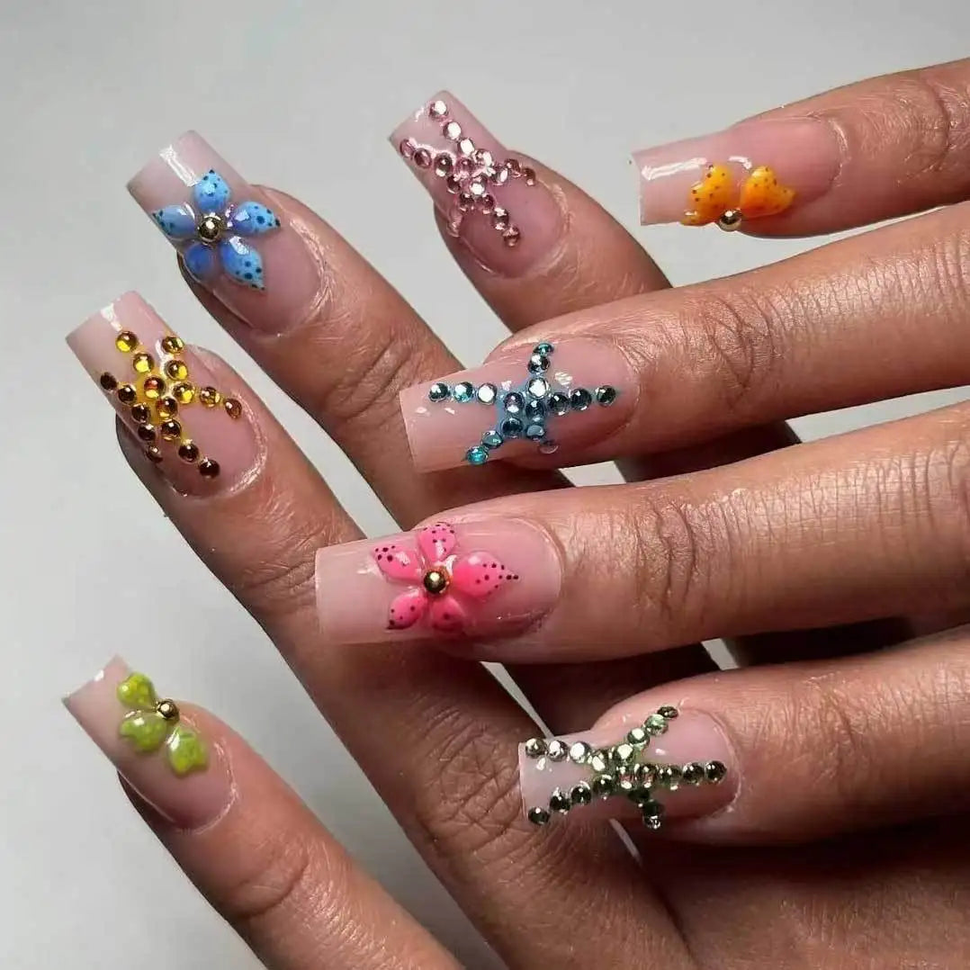 24pcs Press on Nails Short Almond Bowknot Black Press on Nails