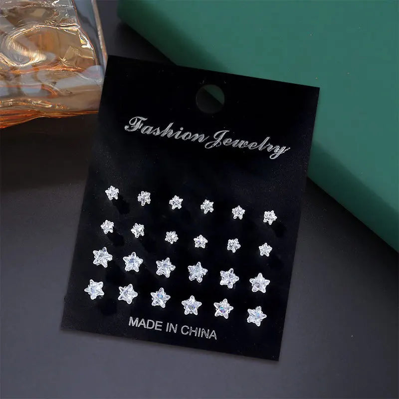 12 Pairs Set Stainless Steel Stud Earrings with Gemstone Buds