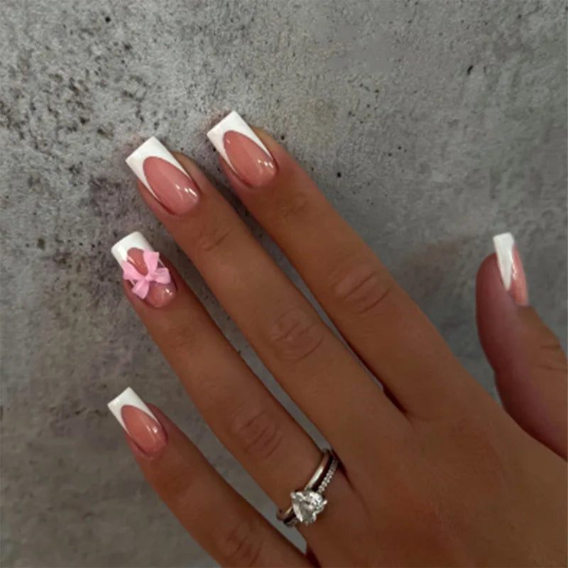 White French Press on Nails 3D Bowknot Fake Nails