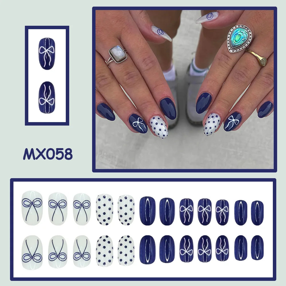 24-Pcs Fake Nails Short Rounded Deep Blue with Butterfly Polka Dots