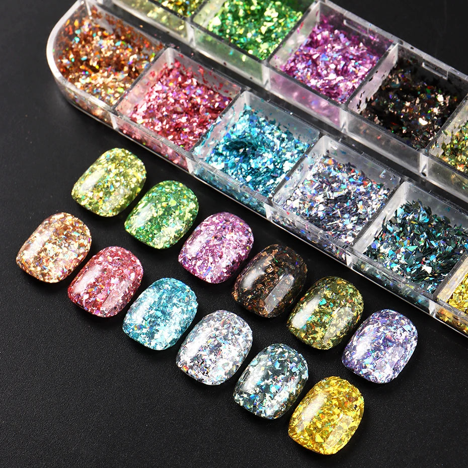 12 Grids Holographic Glitter Nail Art Sequins
