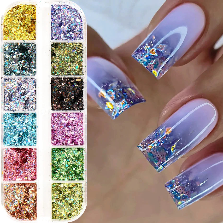 12 Grids Holographic Glitter Nail Art Sequins
