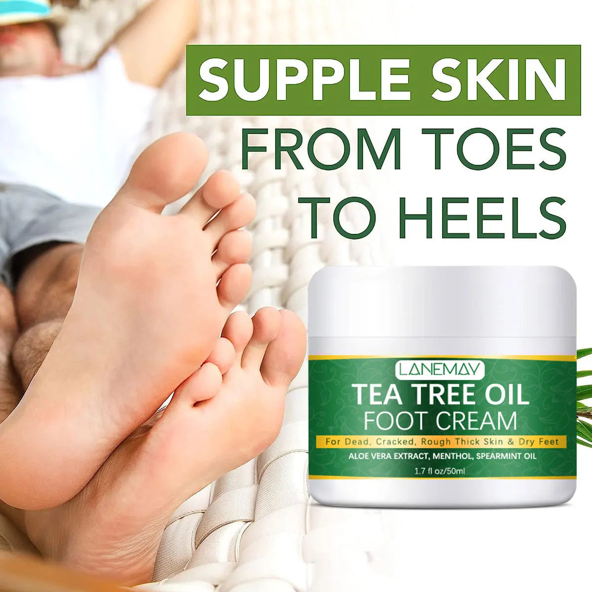 Foot moisturizer with aloe vera and tea tree oil to deeply nourish the skin