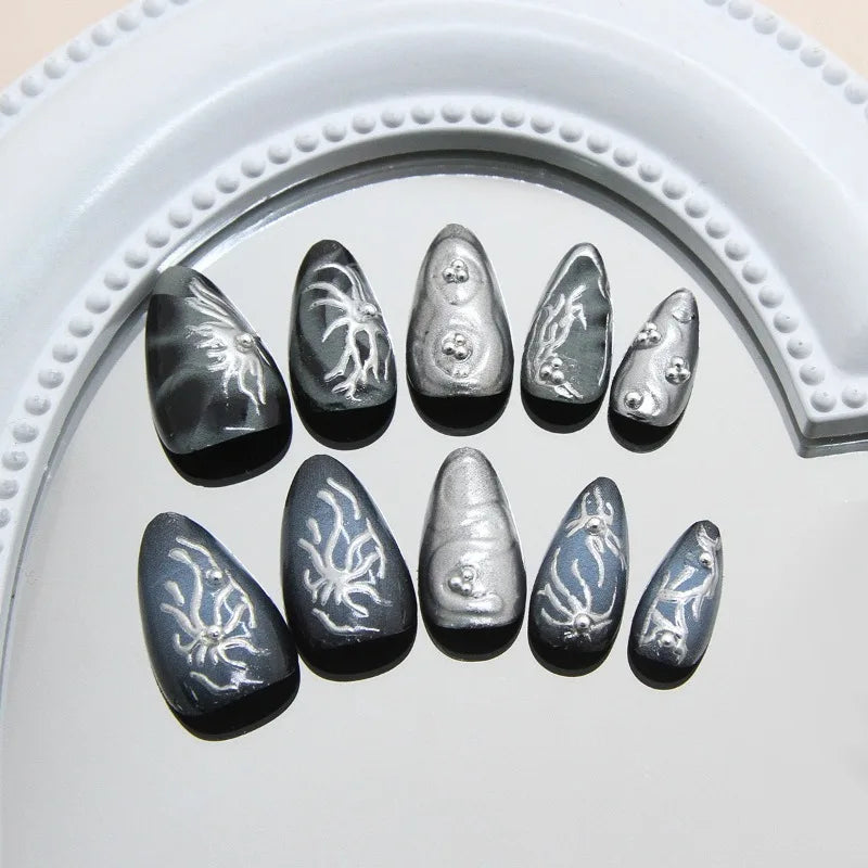 24Pcs Dark Press on Fake Nails with Black Glitter