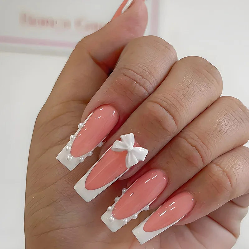 White French Press on Nails 3D Bowknot Fake Nails