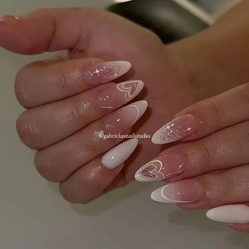 24Pcs Almond Fake Nails with Shimmery Powder