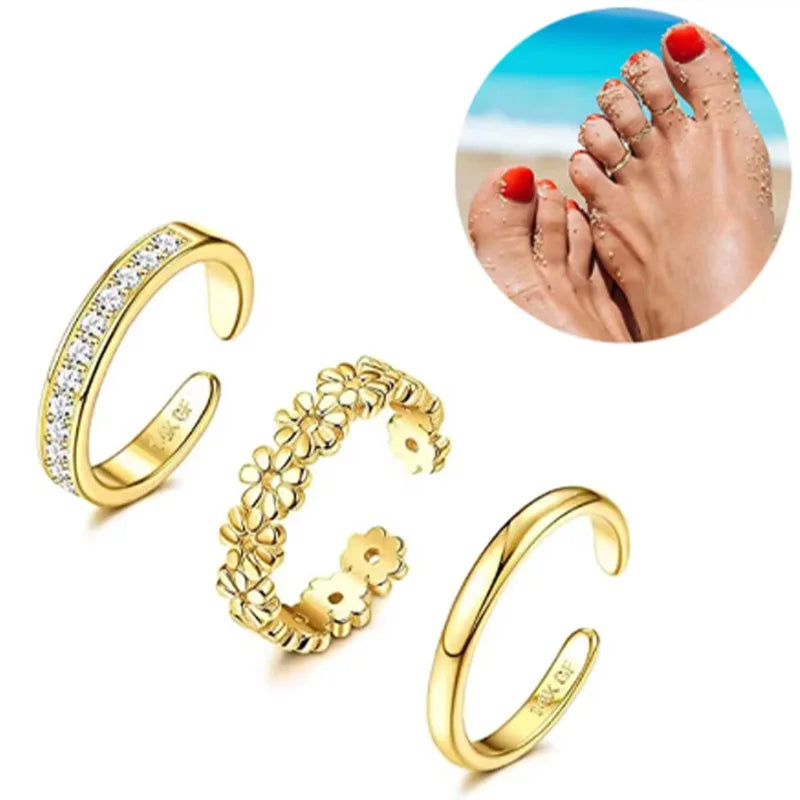 3pcs Gold Plated Dazzling Zircon Toe Ring