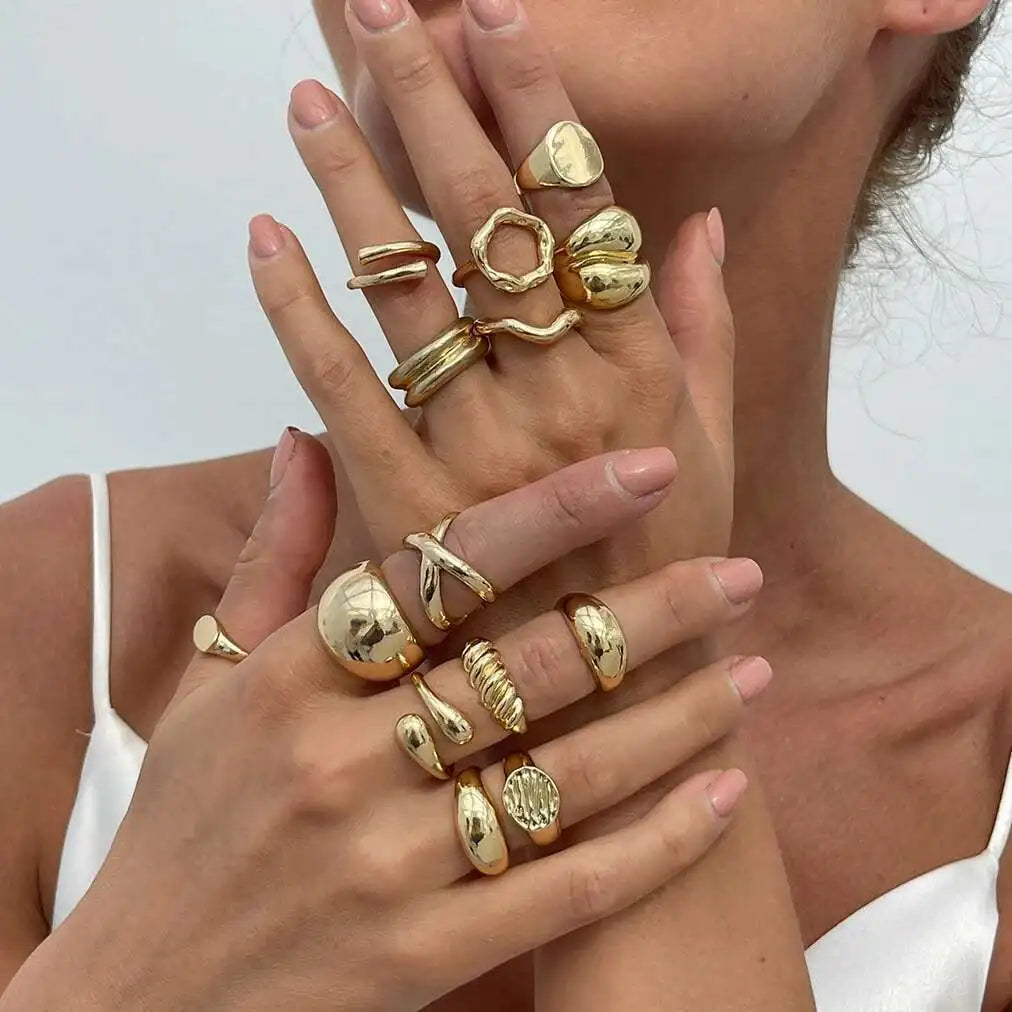 PuRui 14Pcs/Set Retro Silver Color Rings
