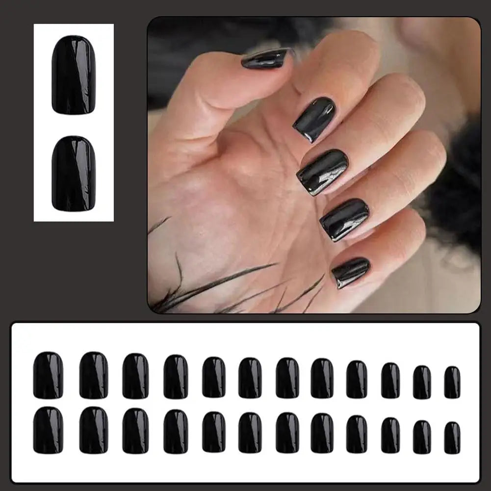 24pcs Black Square Press on Nails Medium Long Fake Nails, 12 Sizes Glossy Acrylic Nails Press on Square Nails Tips Fake Nail Set