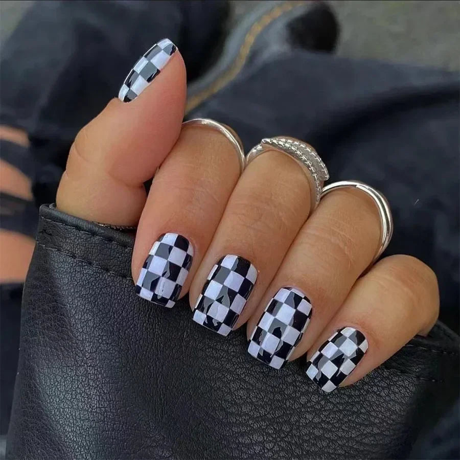 24pcs Press on Nails Short Almond Bowknot Black Press on Nails
