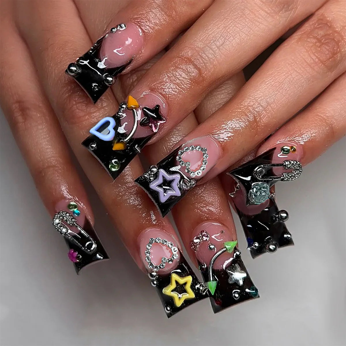 24pcs Press on Nails Short Almond Bowknot Black Press on Nails