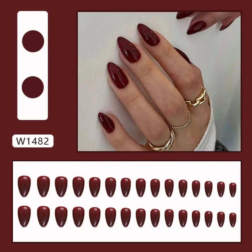 24Pcs Long Almond False Nails French Cherry Red