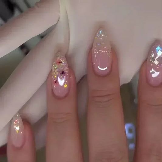24Pcs Almond Fake Nails with Shimmery Powder