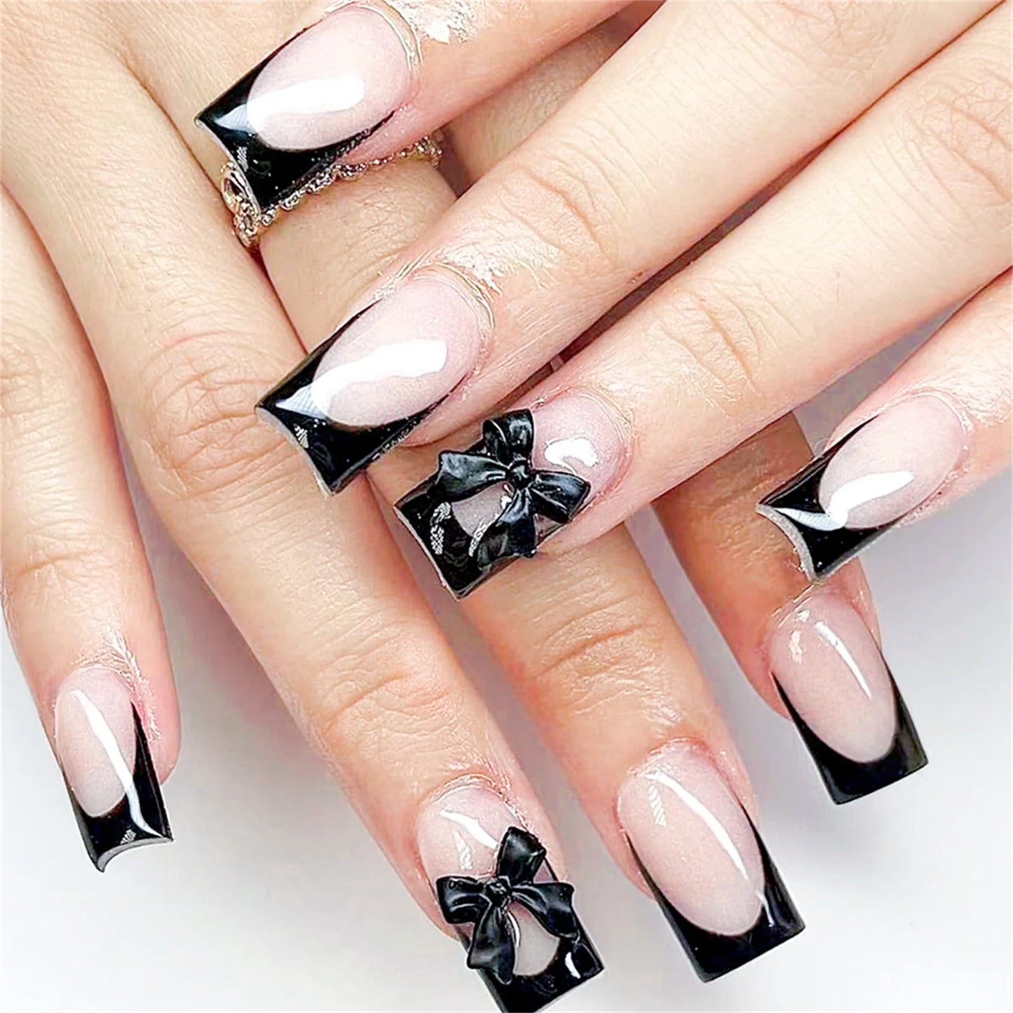 White French Press on Nails 3D Bowknot Fake Nails