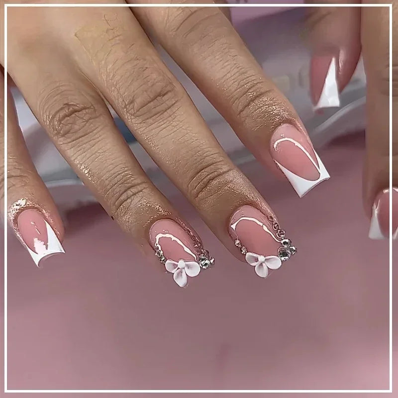 24pcs Press on Nails Short Almond Bowknot Black Press on Nails