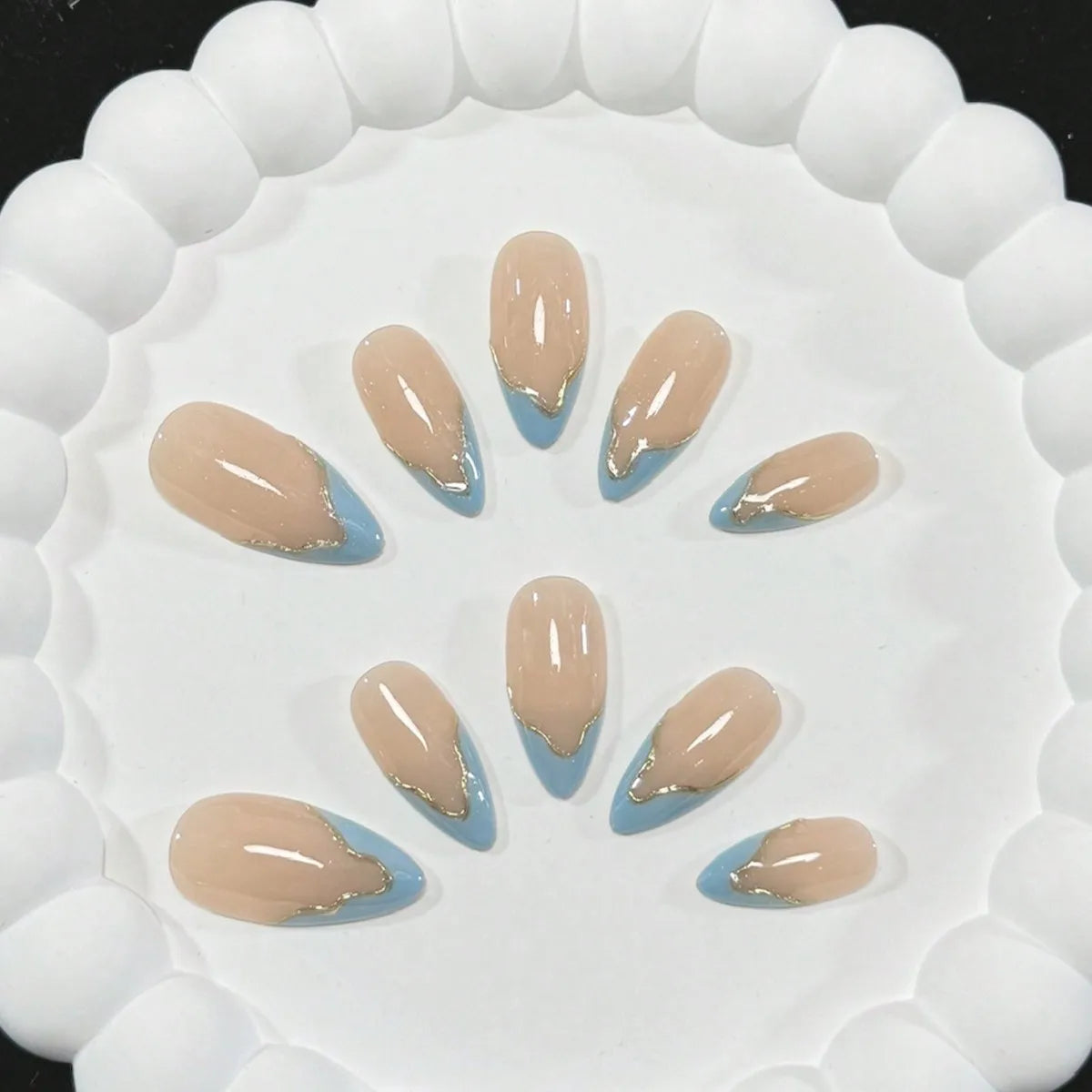 10 Pieces of Handmade Fake Nails with Blue French Tips